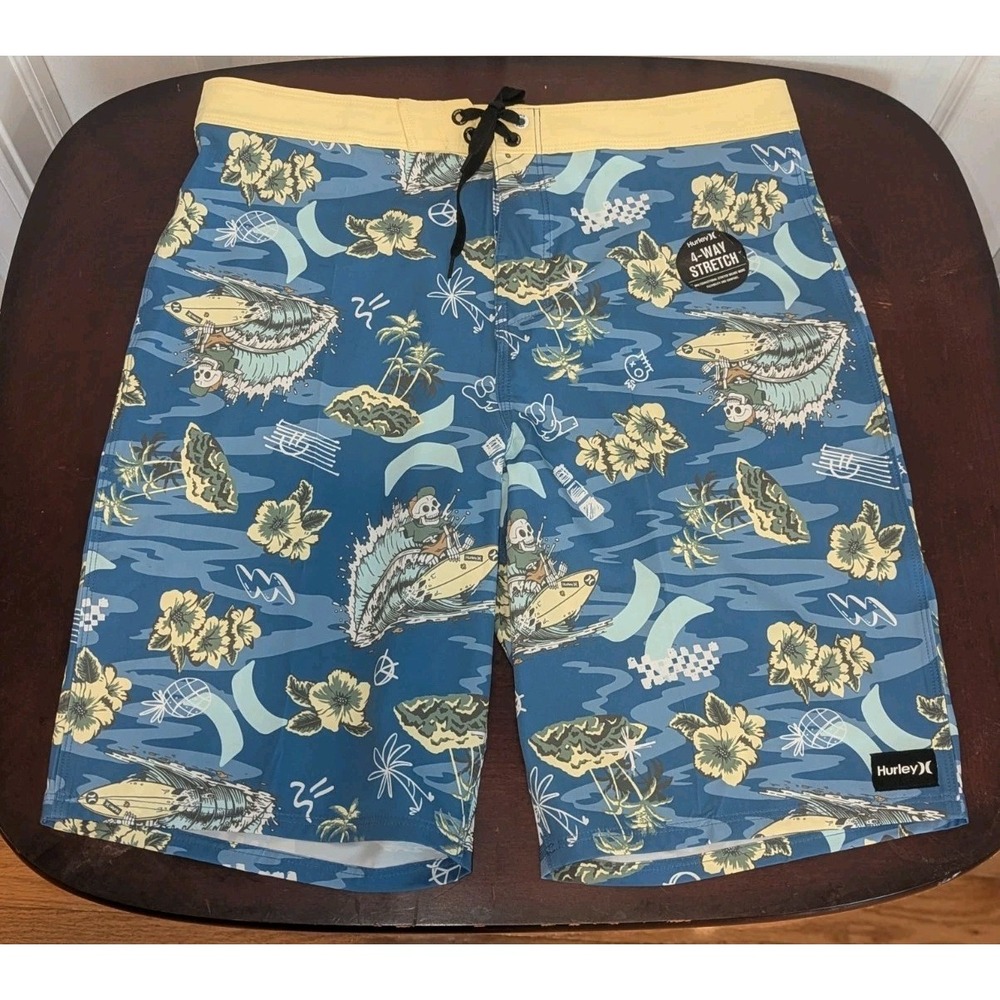 Y2K Surf Skate Tropical Board Shorts Blue Hawaiian Beach Hurley Boys 20/30 NWT